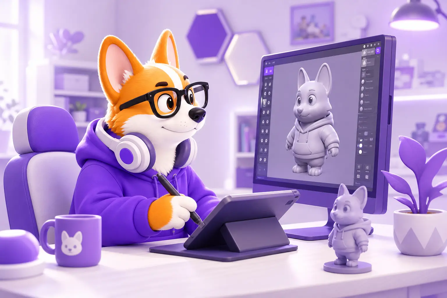 Корги Рой лепит 3D-персонажа за рабочим столом с монитором и графическим планшетом