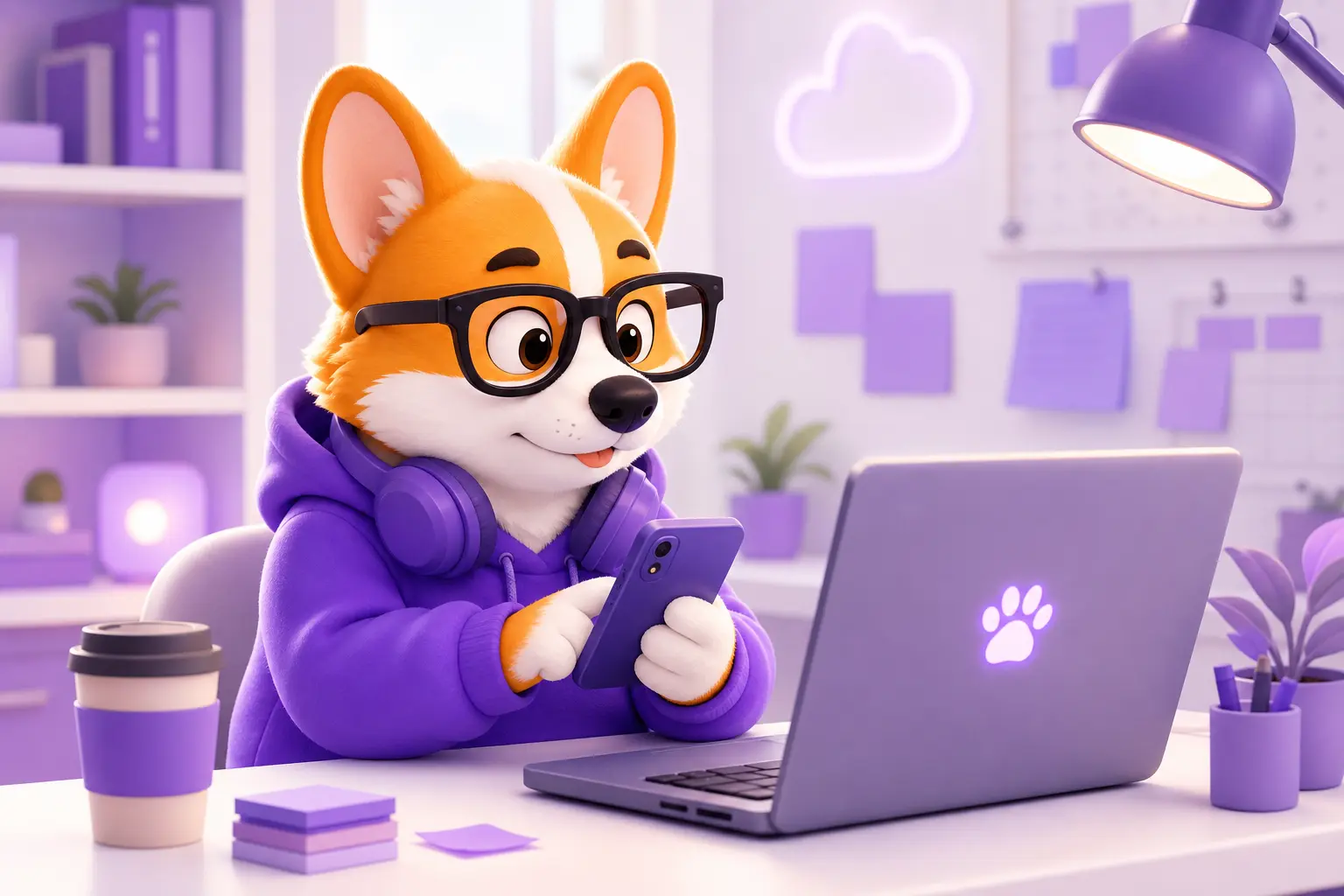 Корги Рой за ноутбуком тестирует мобильное приложение на смартфоне