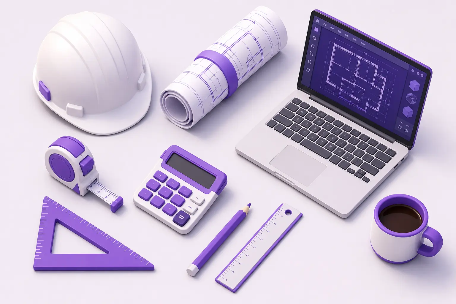 Инструменты инженера-строителя: каска, чертежи, ноутбук с AutoCAD, рулетка