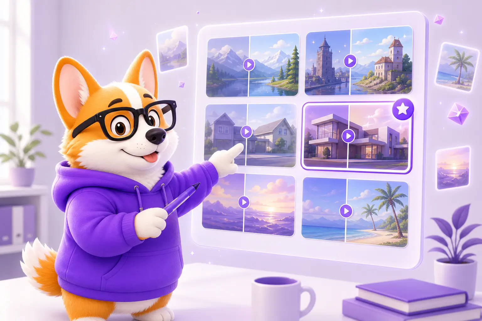Корги Рой собирает портфолио из отретушированных фотографий на экране