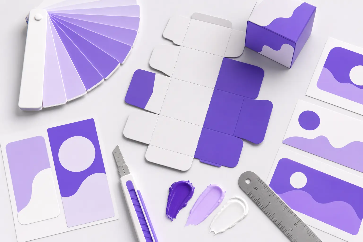 Инструменты дизайнера упаковки: развёртка коробки, палитра Pantone и образцы печати