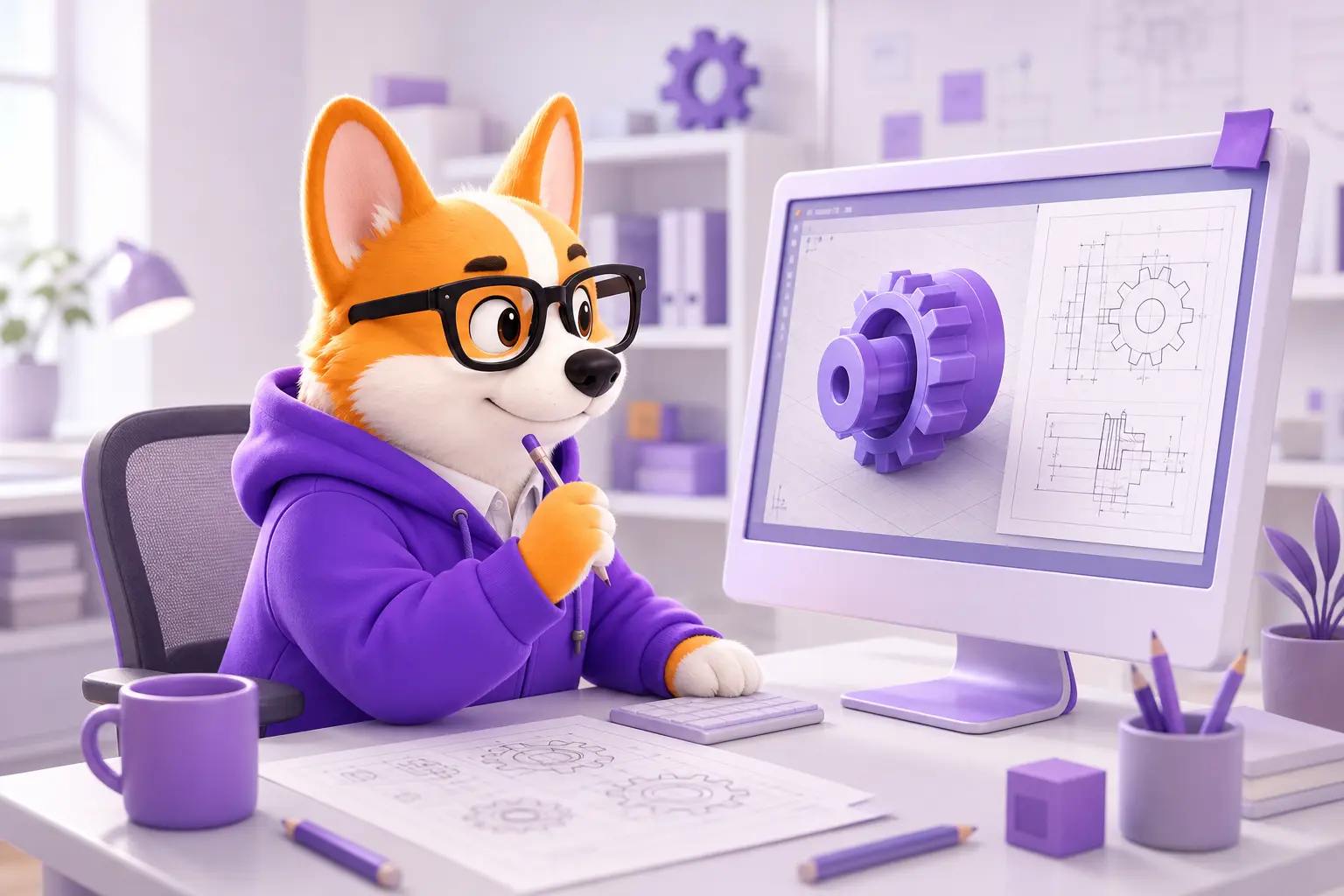 Рой-инженер-конструктор за монитором с 3D-моделью детали и чертежами
