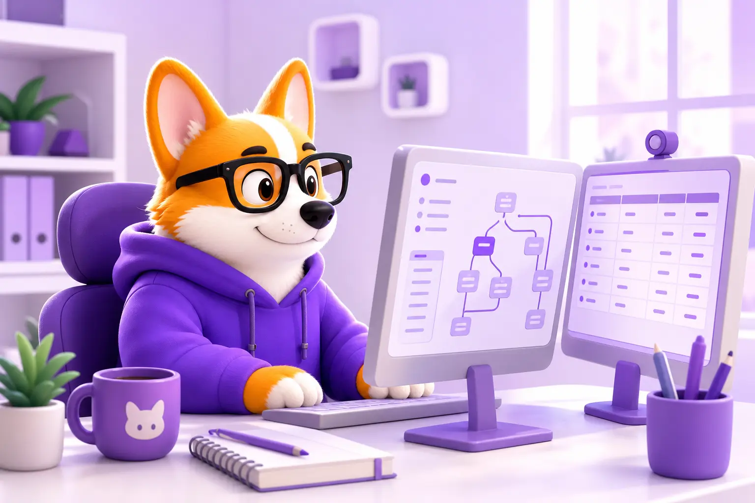 Корги Рой-разработчик 1С за компьютером с деревом конфигурации Корги Рой-разработчик 1С за компьютером с деревом конфигурации