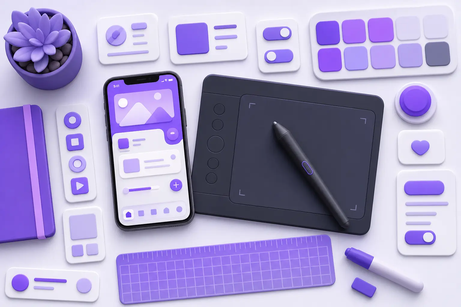 Инструменты дизайнера мобильных приложений: смартфон, стилус, UI-компоненты и палитра