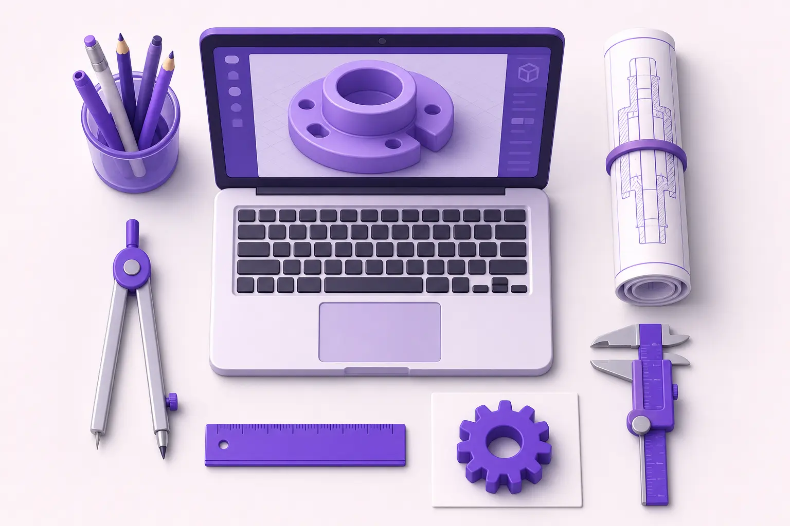 Аккуратная раскладка инструментов инженера-конструктора: ноутбук с CAD, циркуль, штангенциркуль, чертежи