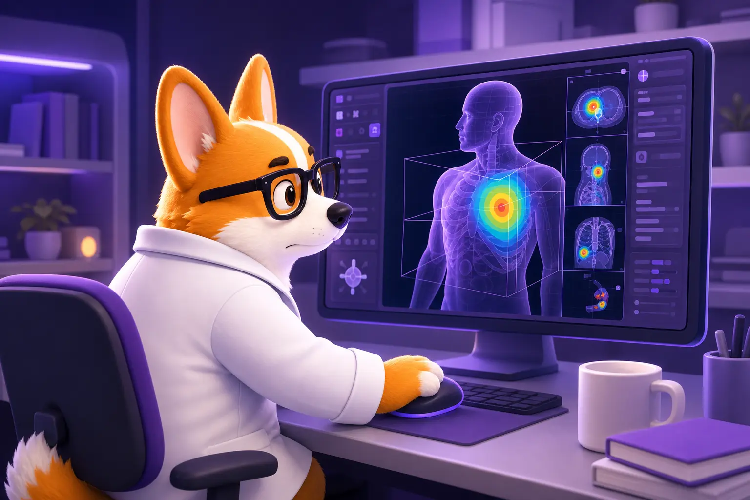 Рой планирует облучение за системой планирования с 3D-картой дозы на экране