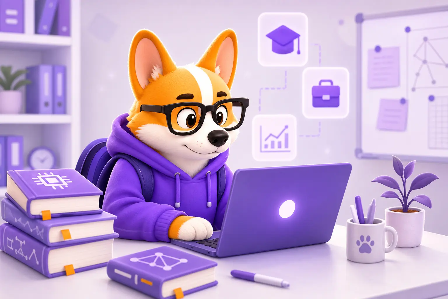 Рой-абитуриент выбирает IT-направление с ноутбуком и учебниками