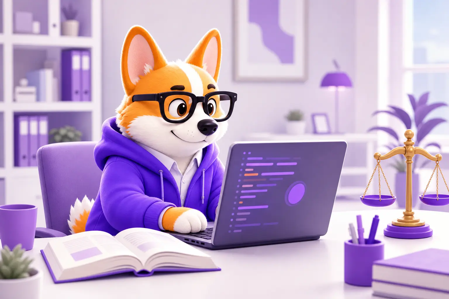 Корги Рой в роли IT-юриста работает за ноутбуком рядом с юридической книгой и весами правосудия