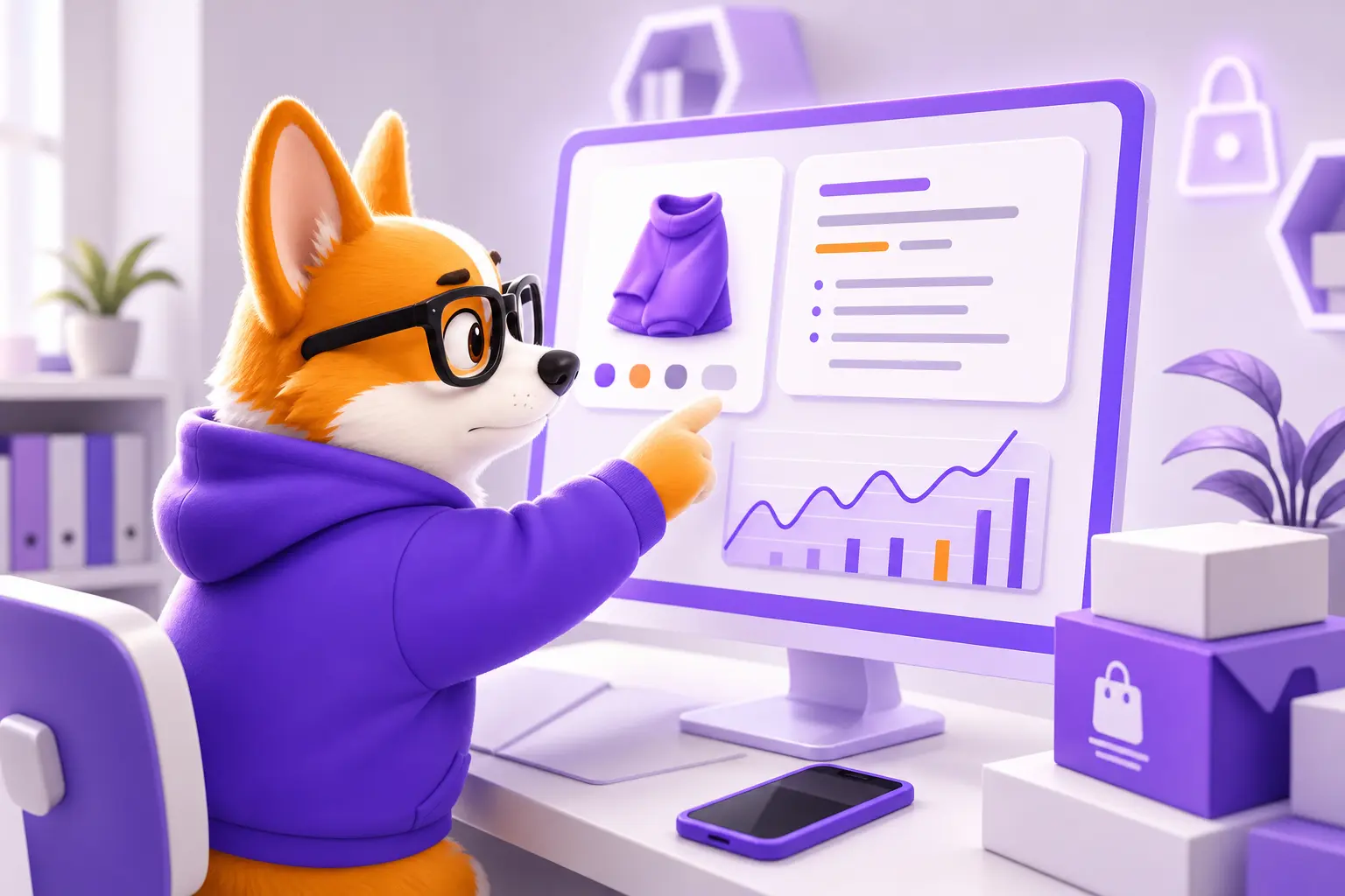 Корги Рой изучает карточку товара и графики продаж на экране