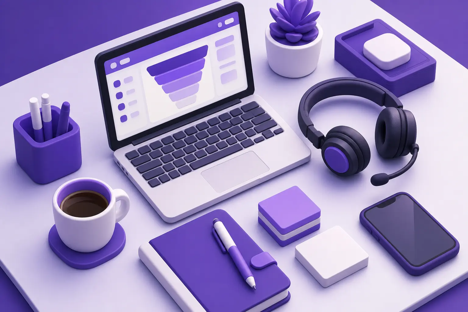 Изометрический рабочий стол менеджера по продажам: ноутбук с CRM, гарнитура, телефон, ежедневник