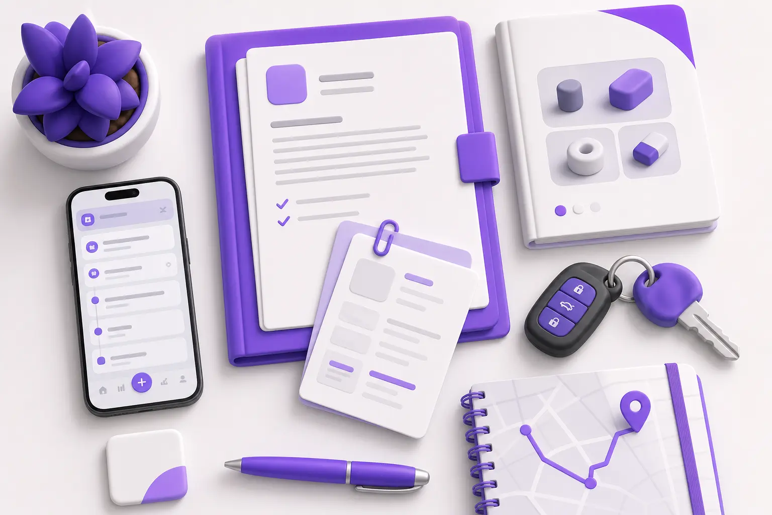 Инструменты торгового агента: смартфон с CRM, папка с договором, каталог, ключи от авто Инструменты торгового агента: смартфон с CRM, папка с договором, каталог, ключи от авто