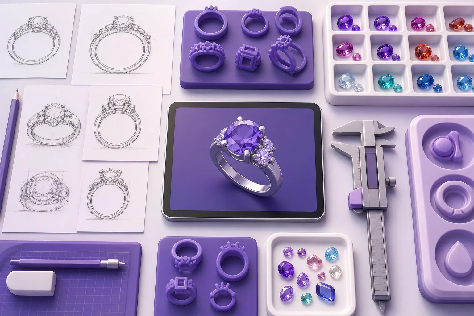 Раскладка портфолио ювелирного дизайнера: эскизы, 3D-модель, камни Раскладка портфолио ювелирного дизайнера: эскизы, 3D-модель, камни