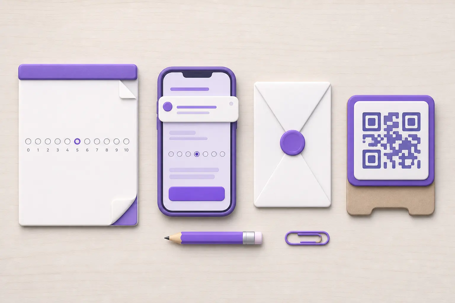 Раскладка предметов для опроса клиентов: анкета, смартфон, конверт, QR-код Раскладка предметов для опроса клиентов: анкета, смартфон, конверт, QR-код