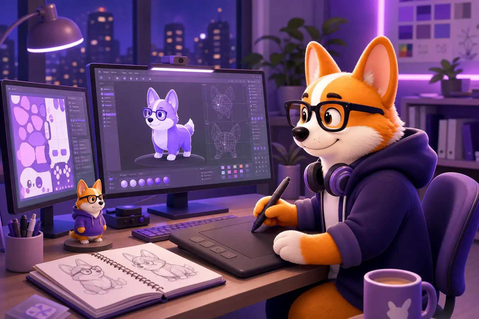 Рой в роли 3D-художника за рабочим местом с графическим планшетом Рой в роли 3D-художника за рабочим местом с графическим планшетом