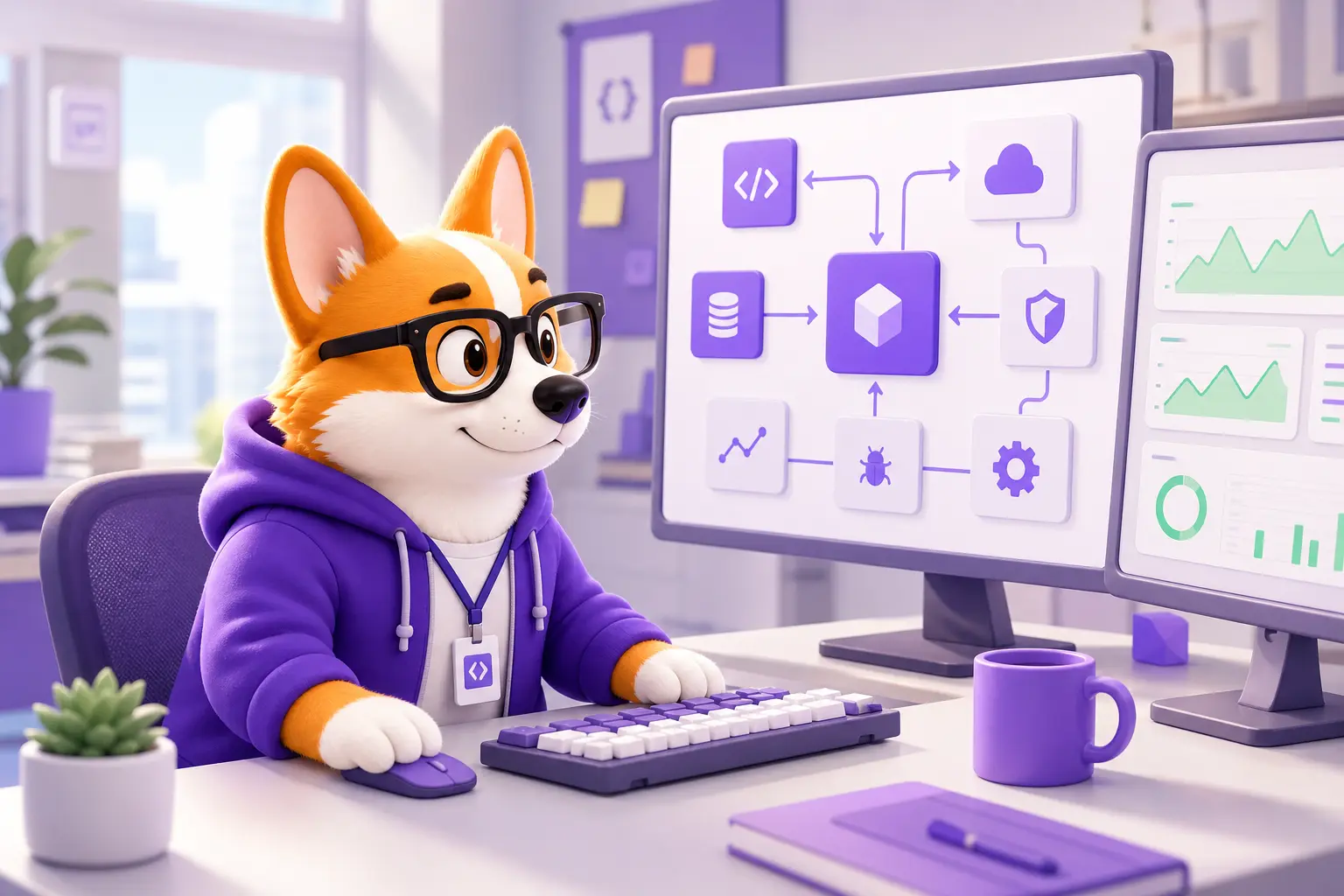 Рой в роли backend-разработчика за рабочим местом с архитектурной схемой сервисов