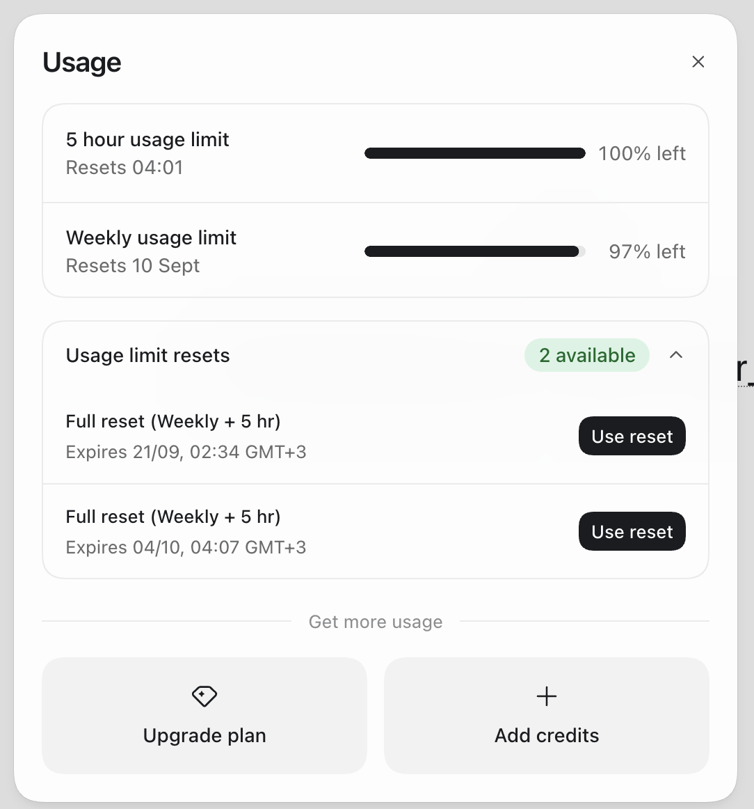 Панель Usage в ChatGPT: шкалы пятичасового и недельного лимита и блок Usage limit resets с кнопками Use reset