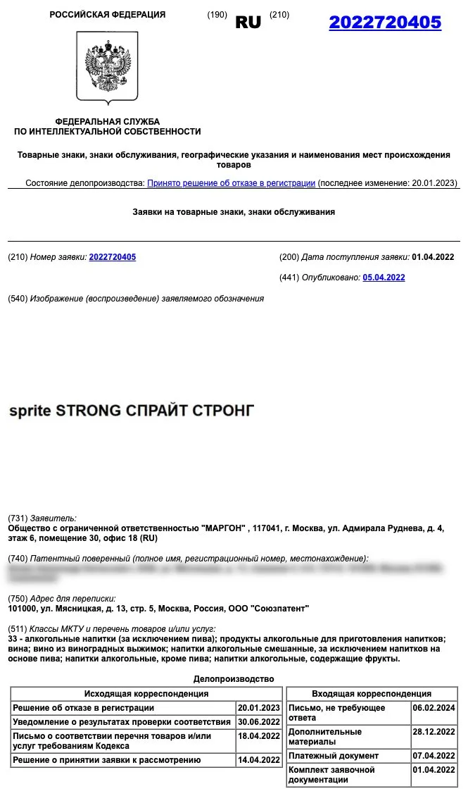 Карточка заявки № 2022720405 в реестре ФИПС: принято решение об отказе в регистрации товарного знака