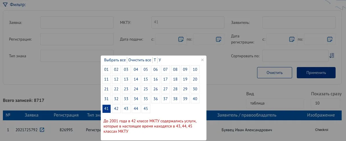 Выбор классов МКТУ в фильтре поисковой платформы Роспатента