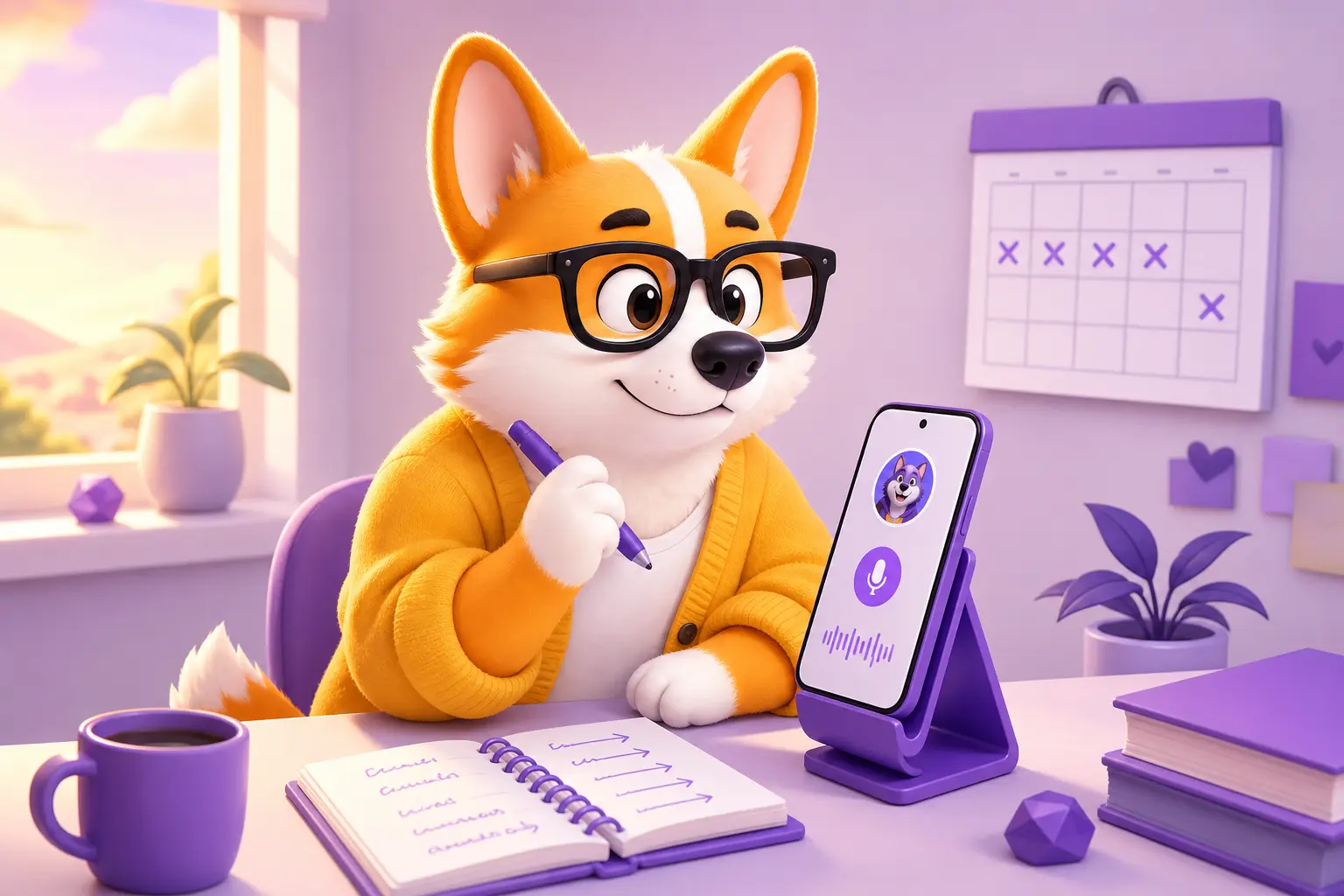 Рой учит испанский за домашним столом с телефоном и блокнотом
