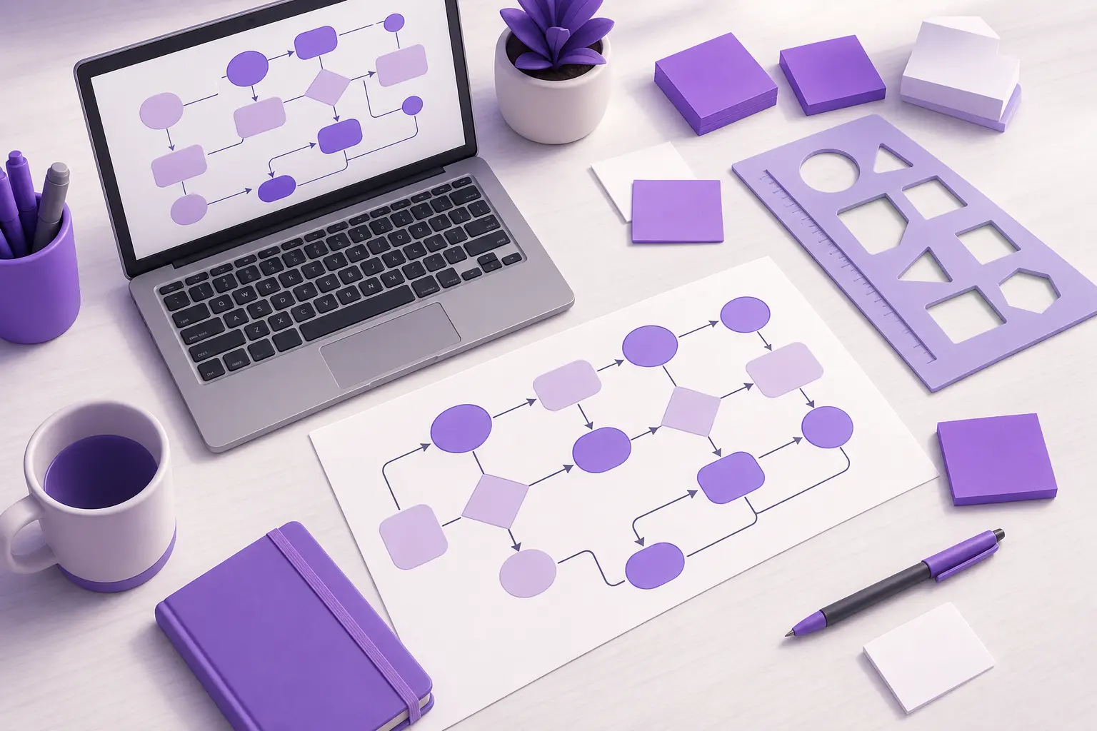 Рабочий стол процессника: схема BPMN, стикеры и ноутбук Рабочий стол процессника: схема BPMN, стикеры и ноутбук