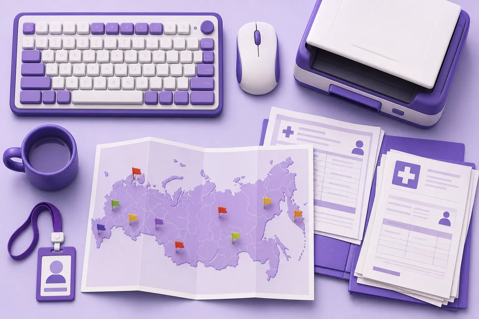 Рабочее место оператора ЭВМ: клавиатура, сканер, первичные документы и карта России