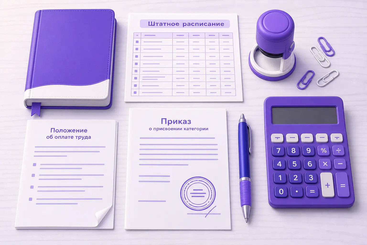 Раскладка документов бюджетного юрисконсульта: штатное расписание, приказ, печать