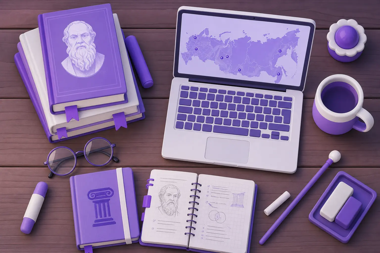 Стол преподавателя философии: книги, очки, ноутбук с картой России