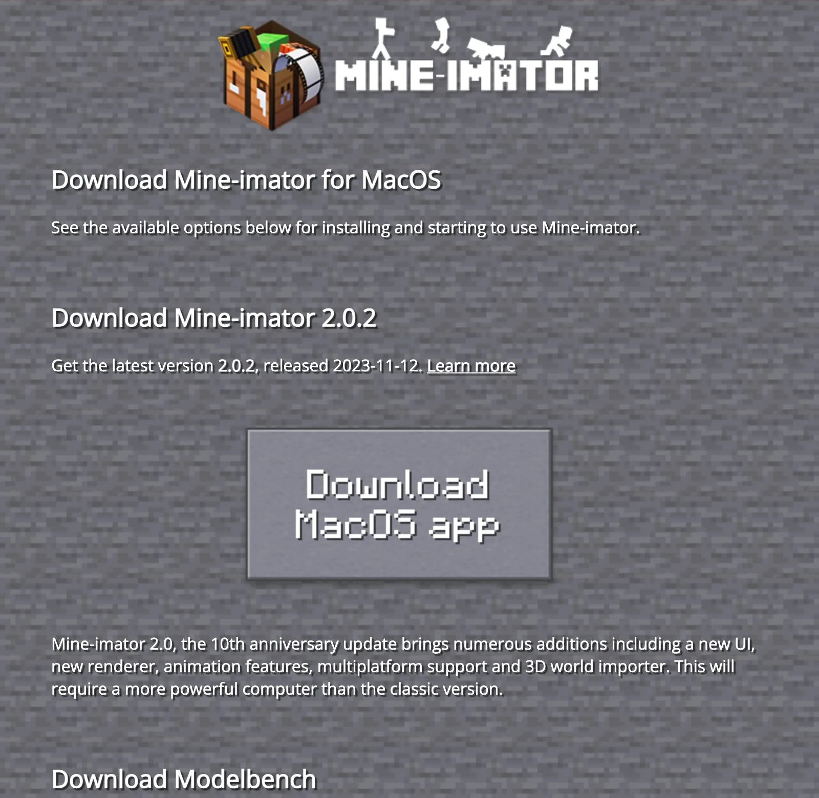 Страница загрузки Mine-imator 2.0.2 для анимации Майнкрафт на официальном сайте