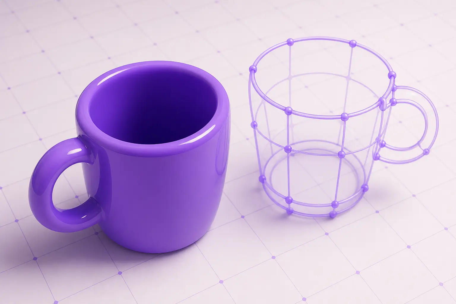 Фиолетовая 3D-кружка с ручкой на сетке рабочего пространства