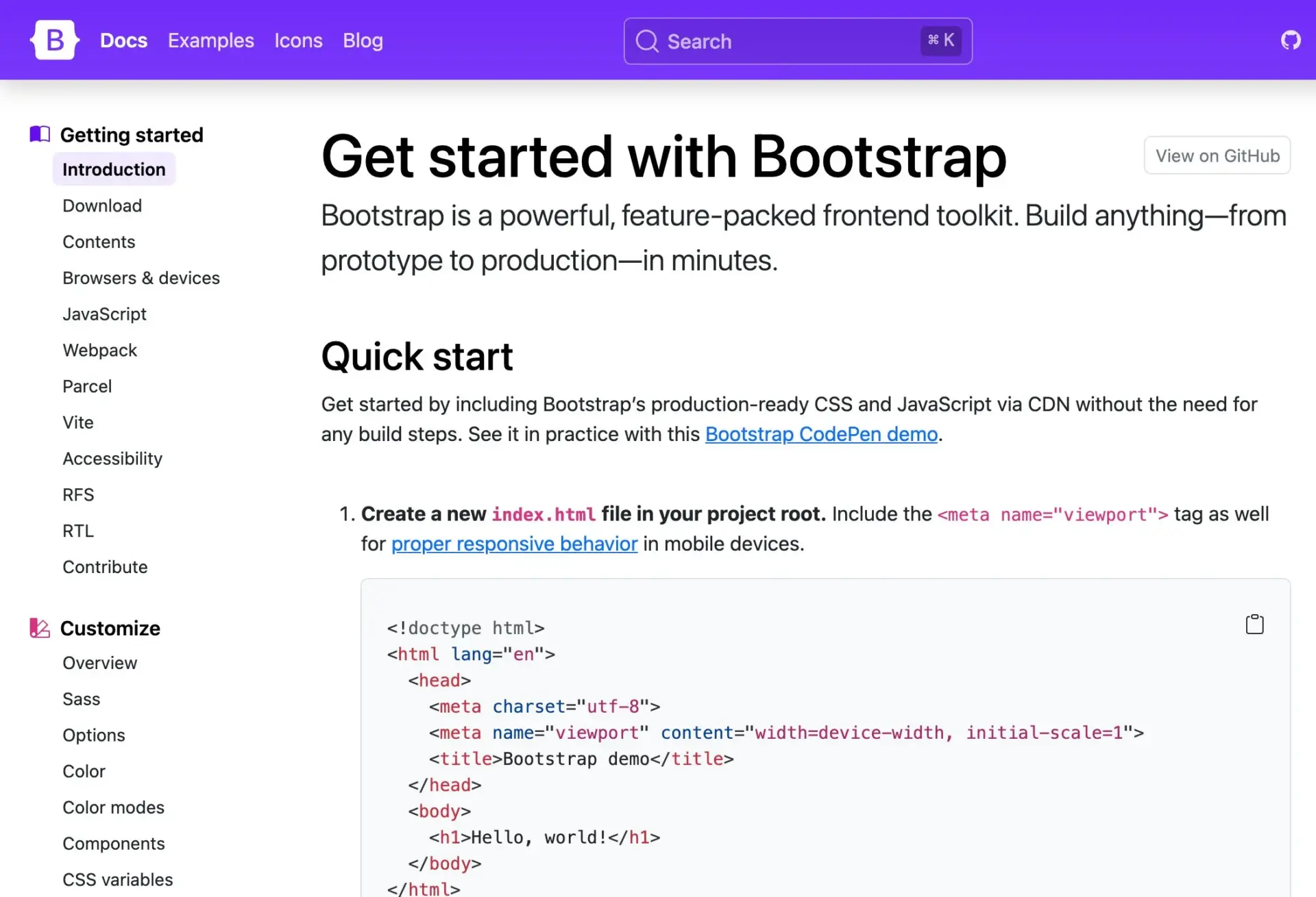 Документация Bootstrap 5.3: блок Quick start Раздел Quick start в официальной документации Bootstrap 5.3 с каркасом страницы