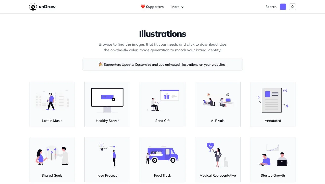 Каталог иллюстраций с людьми unDraw с выбором цвета акцента
