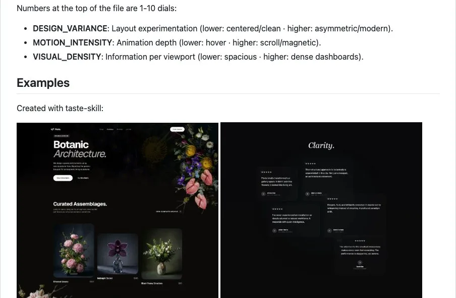 Три ползунка Taste Skill Три настройки Taste Skill: DESIGN_VARIANCE, MOTION_INTENSITY, VISUAL_DENSITY и примеры сайтов