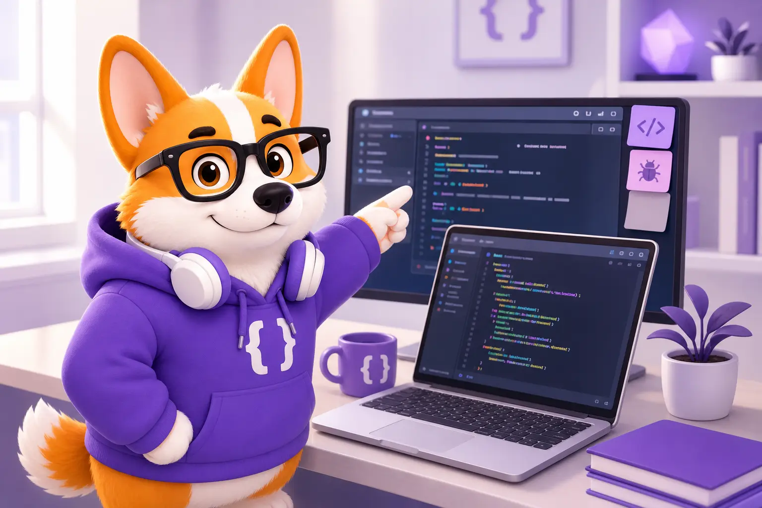 Рой-фронтенд-разработчик за ноутбуком с кодом JavaScript