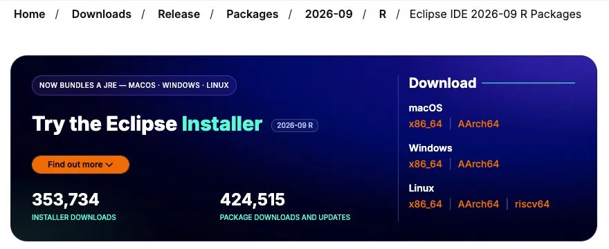 Страница загрузки Eclipse Installer 2026-09: ссылки для macOS, Windows и Linux