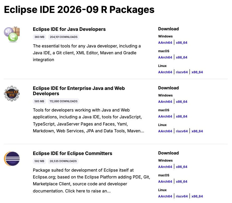 Список сборок Eclipse IDE 2026-09 на eclipse.org: Java Developers 360 МБ, Enterprise Java 585 МБ