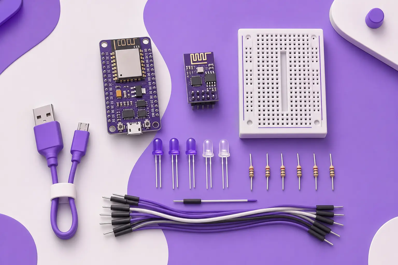 Плата NodeMCU, макетка, светодиоды и провода на столе