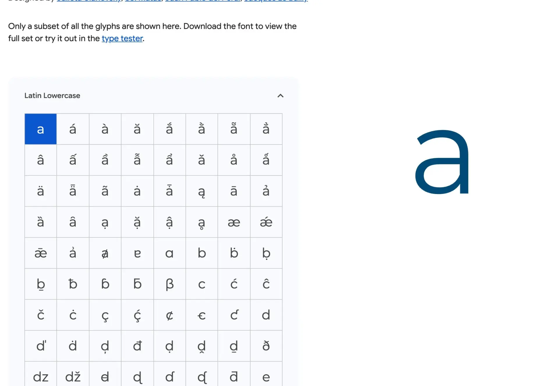 Глифы шрифта Montserrat на вкладке Glyphs & languages в Google Fonts: строчная латиница и крупный рисунок буквы «a»