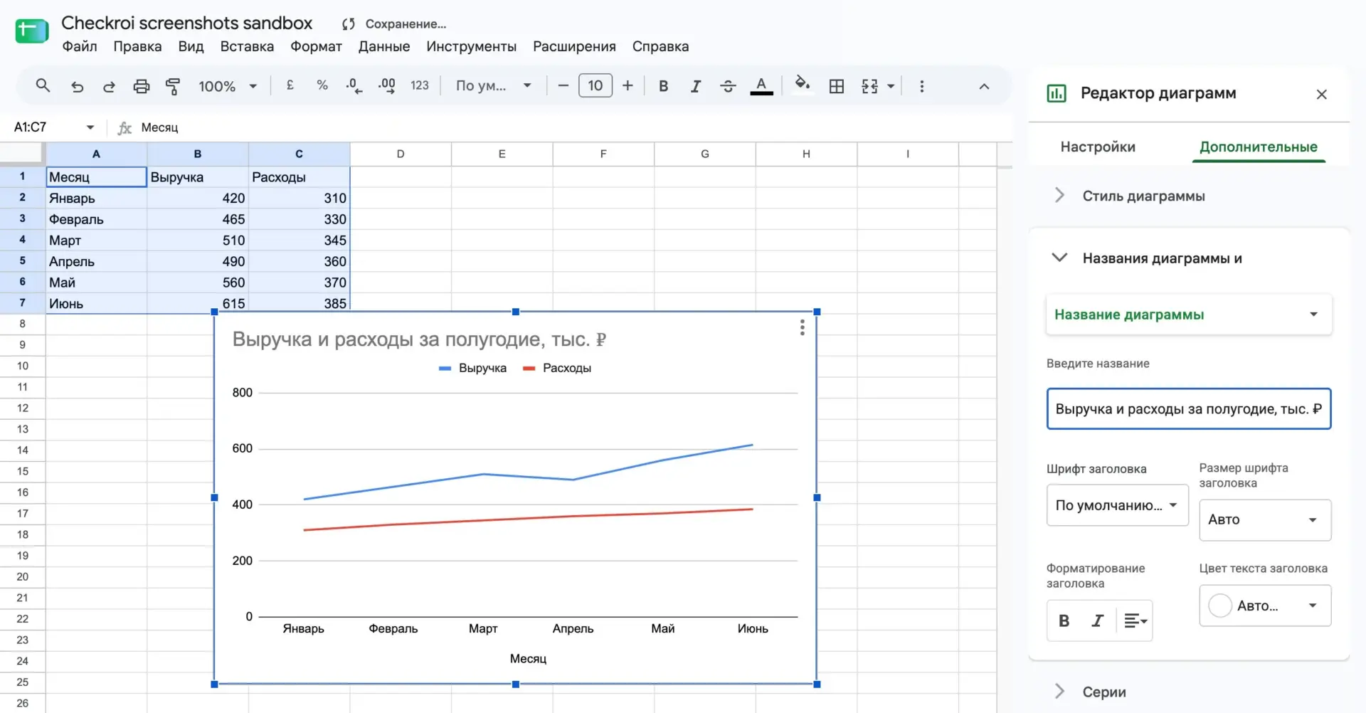Настройка названия графика в редакторе диаграмм Google Таблиц на вкладке «Дополнительные»
