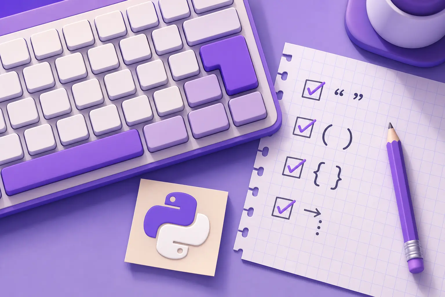 Клавиатура и лист с заметками о частых ошибках в коде Python