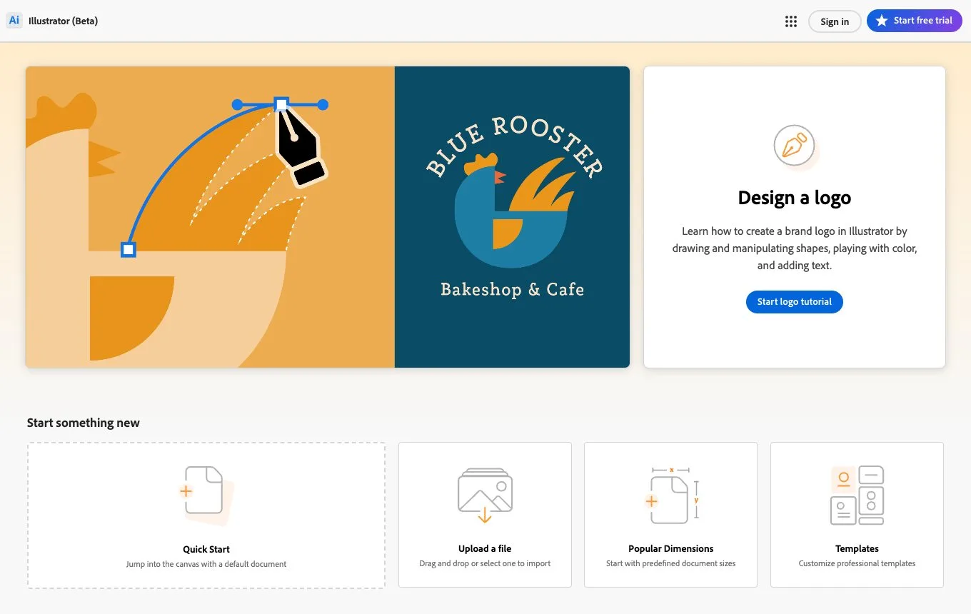 Стартовый экран Adobe Illustrator онлайн (Beta) в браузере: кнопки Sign in, Quick Start, Upload a file и Templates