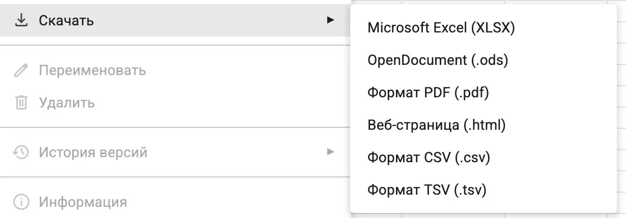 Меню «Файл» → «Скачать» в Google Таблицах: XLSX, ODS, PDF, HTML, CSV и TSV