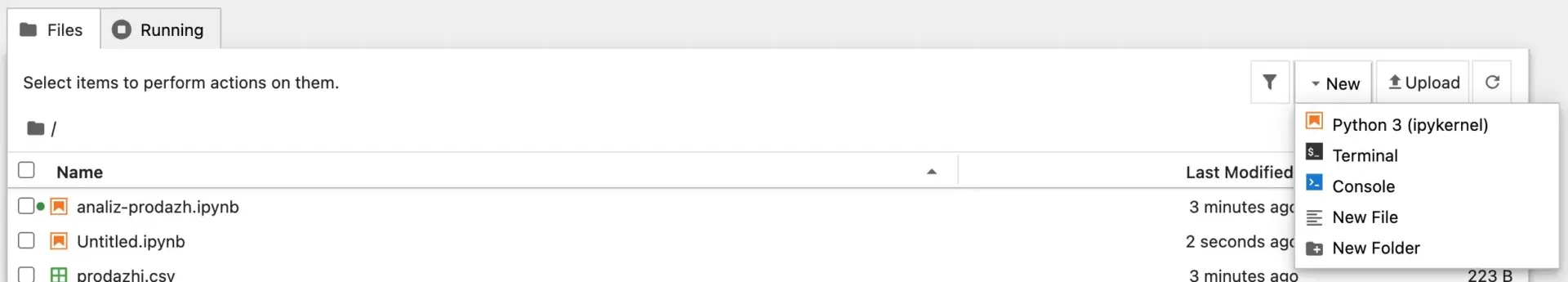 Меню New в Jupyter Notebook 7: пункт Python 3 (ipykernel) создаёт новый ноутбук