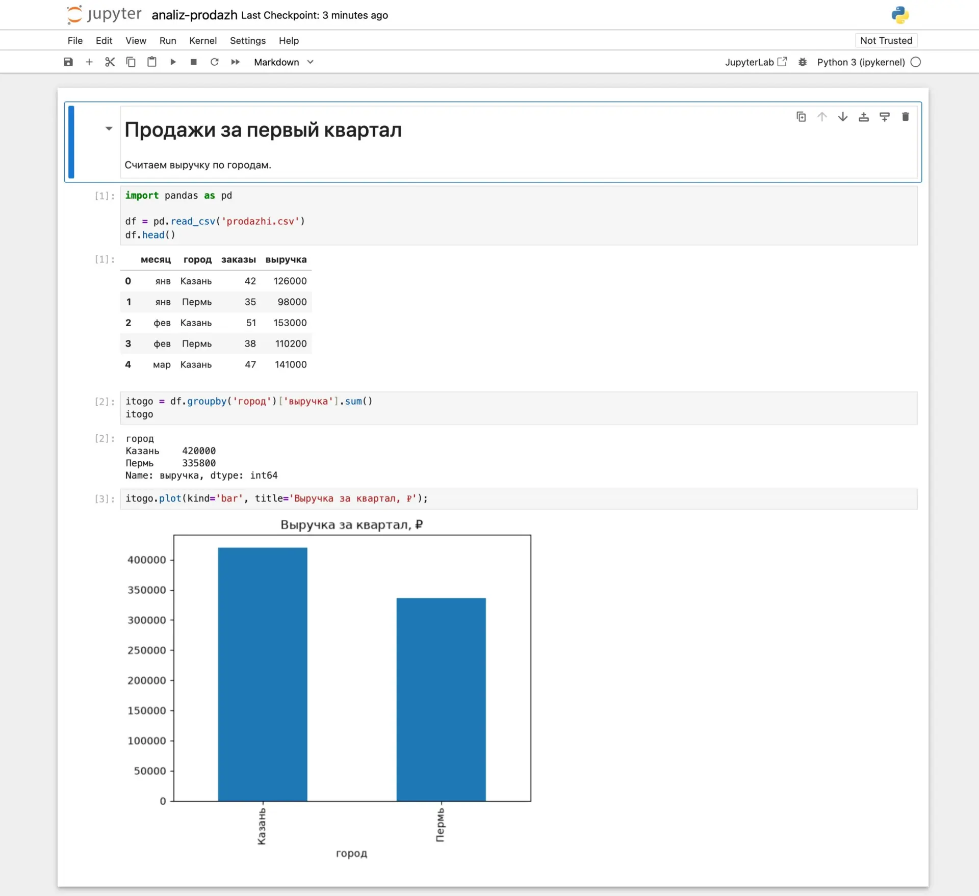 Анализ данных в Jupyter Notebook: таблица pandas, сумма выручки по городам и столбчатая диаграмма