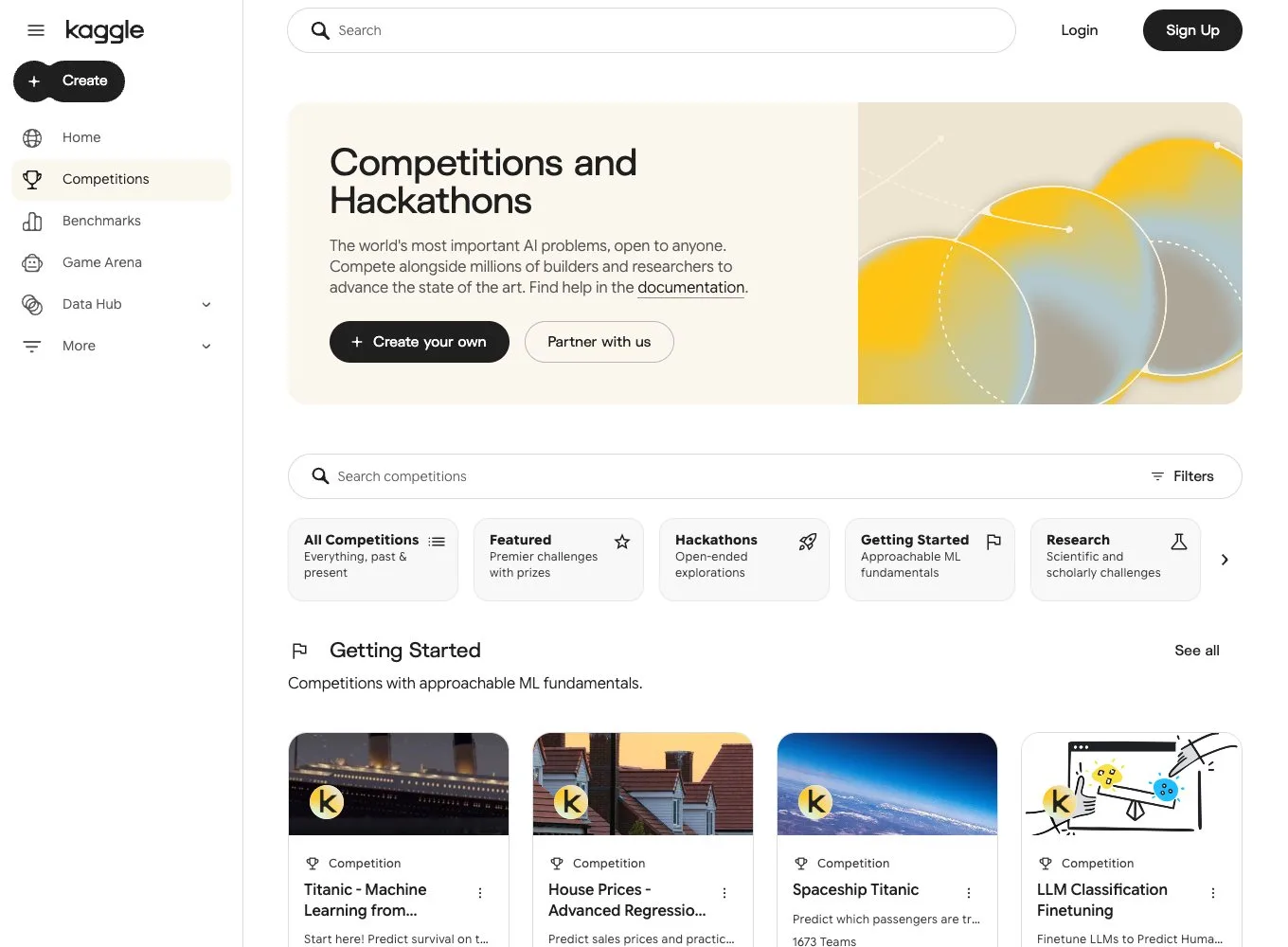 Раздел Competitions на Kaggle: меню сайта и учебные соревнования Getting Started