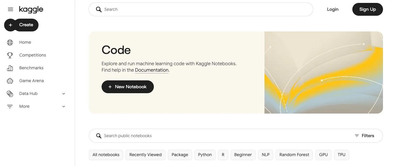 Раздел Code на Kaggle с кнопкой New Notebook для создания облачного ноутбука