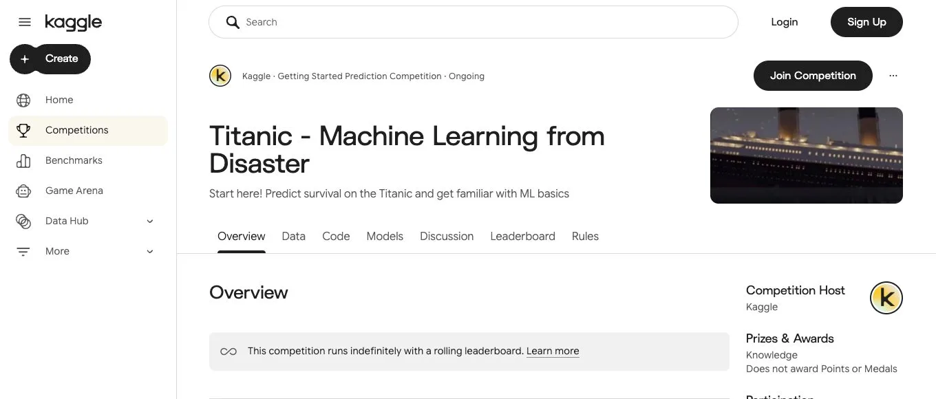 Страница соревнования Titanic на Kaggle: кнопка Join Competition и вкладки Data, Code, Leaderboard
