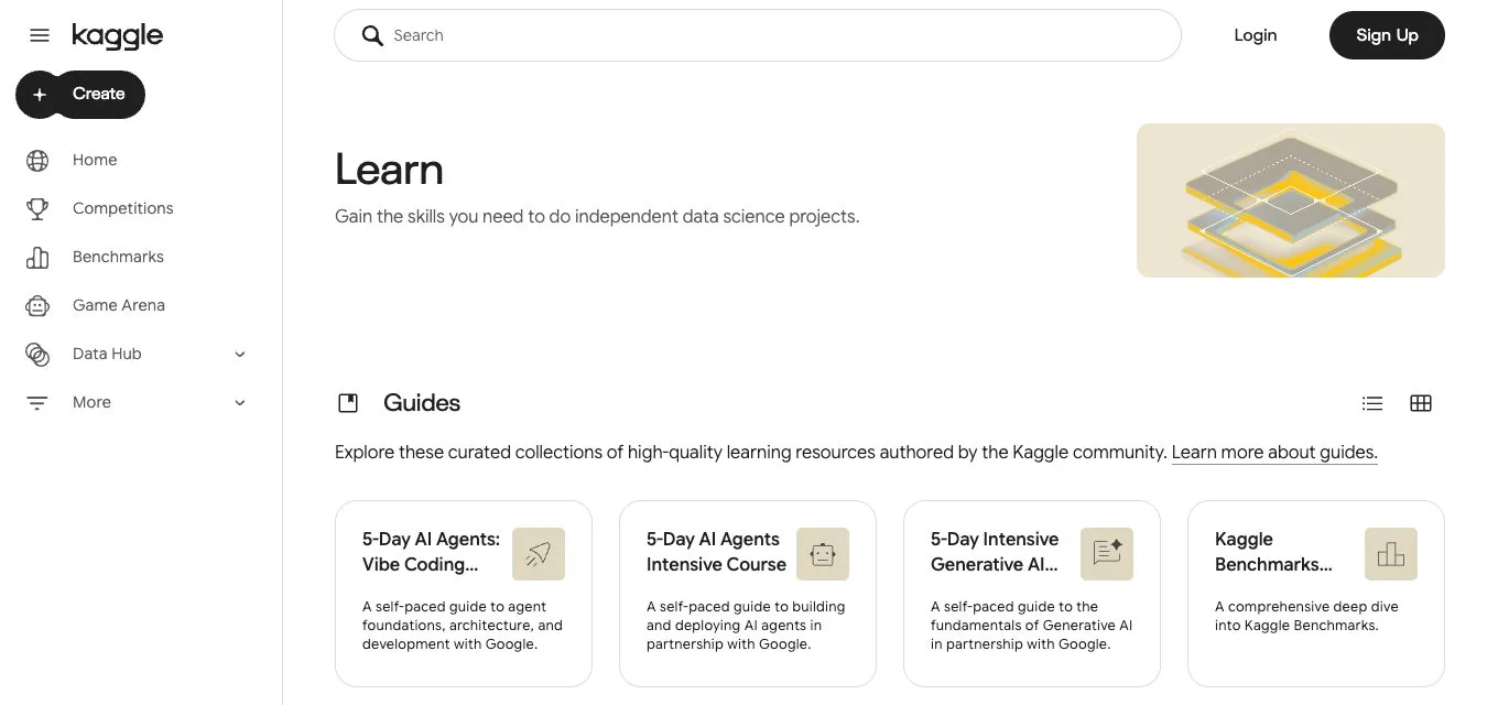Раздел Learn на Kaggle с бесплатными курсами и подборками материалов
