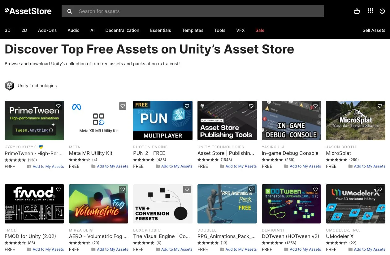 Бесплатные ассеты в Unity Asset Store Раздел бесплатных ассетов в Unity Asset Store: у каждого пакета подпись FREE и ссылка Add to My Assets