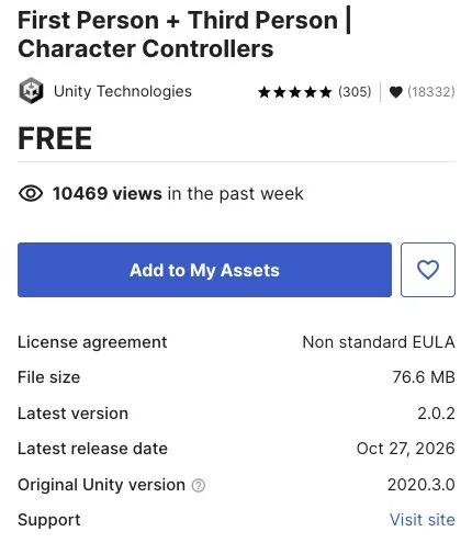 Кнопка Add to My Assets и данные пакета Страница бесплатного ассета в Unity Asset Store с кнопкой Add to My Assets, лицензией и версией Unity