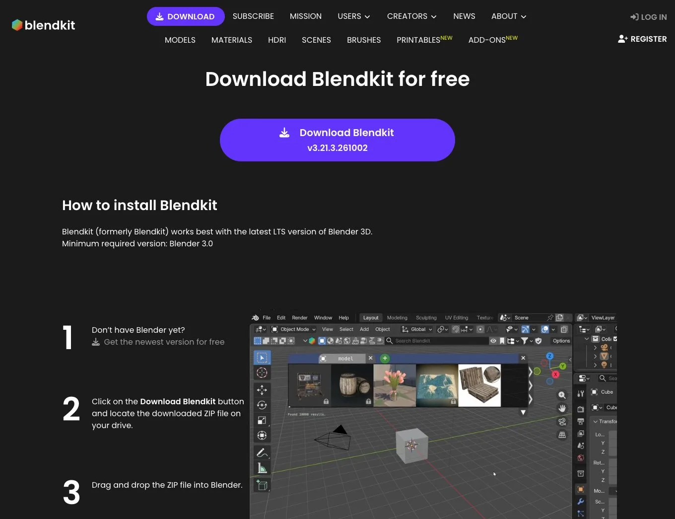 Страница загрузки Blendkit с кнопкой Download Blendkit и шагами установки в Blender
